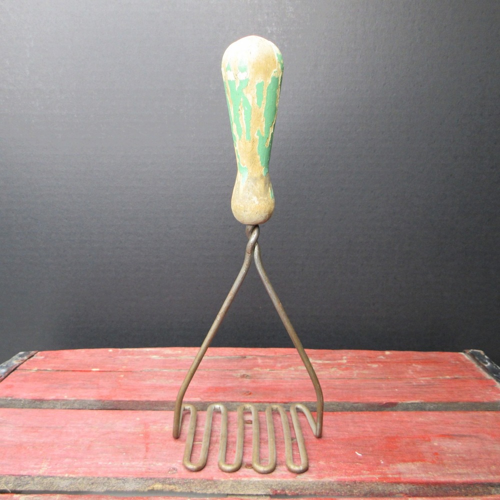 Vintage Potato Masher Wood Handle Green Paint Distressed Primitive Kitchen Tool